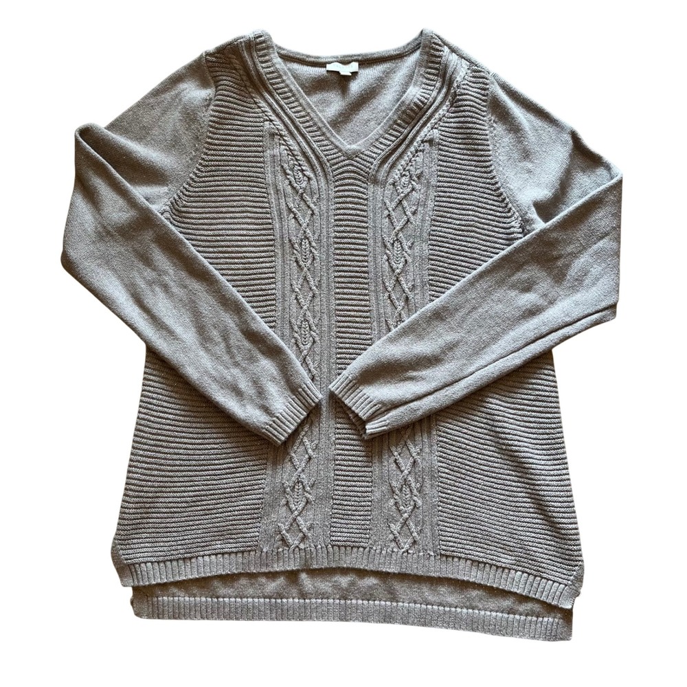 Talbots Womens V-Neck Metallic Shimmer‎ Cable Knit Sweater Taupe Brown Size M